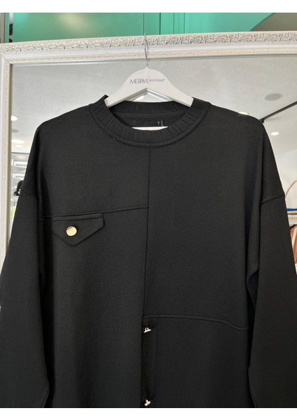 Adn Ince Triko Tunik Düğme Detaylı - Siyah - 2 modelleri