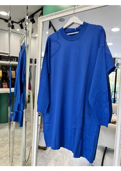 Adn Ince Triko Çiçekli Tunik - Mavi - 1