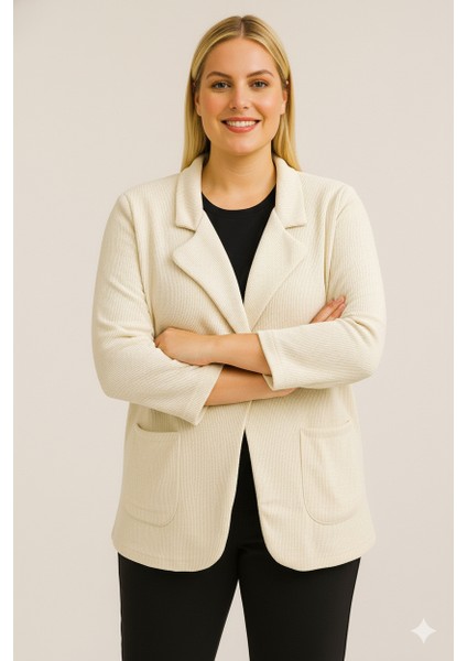 Kadife Italyan Kesim Blazer Krem Kadın Ceket | Standart Beden (48’e Uyumlu)