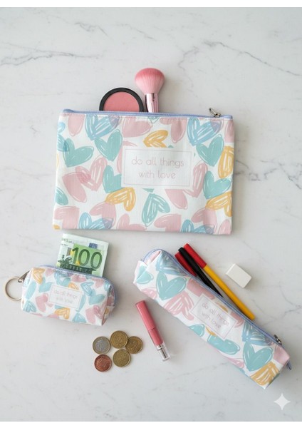 Atakids Lizy 3 Lü Çanta Seti Makyaj Çantası, Bozuk Para Cüzdanı ve Kalemlik