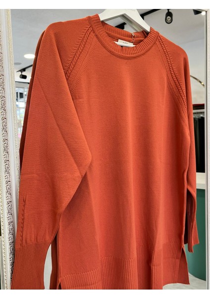 Adn Ince Triko Tunik Saç Örgülü - Oranj - 2 modelleri