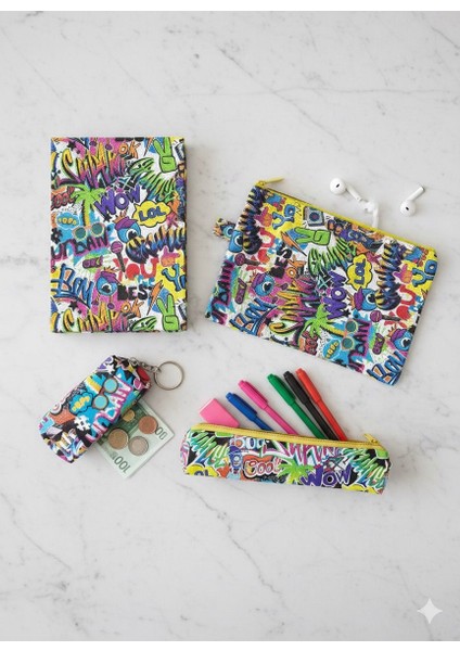 Atakids Lizy Desenli Defter, Kalemlik, Cüzdan ve Çok Amaçlı El Çantası Seti (Defter: 168 Yp, 14*20)