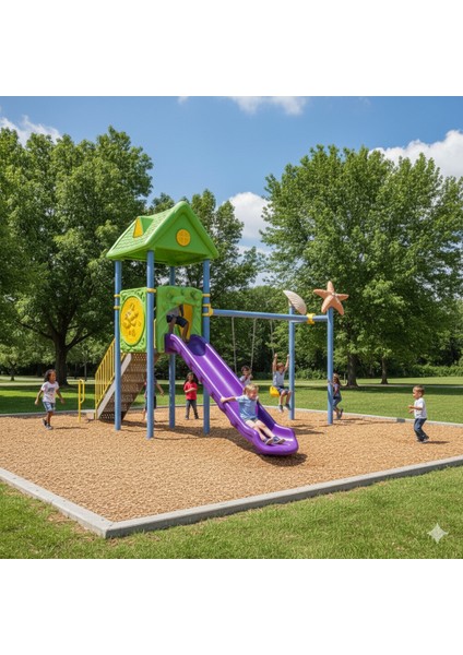 Çocuk Oyun Parkı - Tek Kaydıraklı 2'li Salıncaklı Ev Çatılı Model