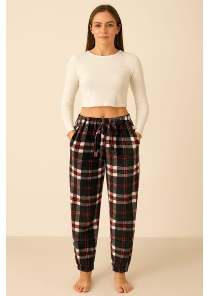 Kadın Ekose Desenli Cepli Paça Lastikli Kadife Tek Alt Siyah