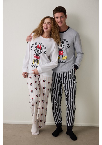 Optik Beyaz Mickey Mouse Baskılı Pamuklu Uzun Kollu Pijama Takımı