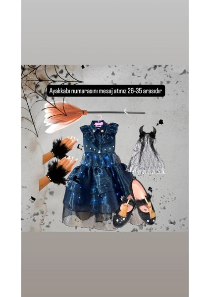 Kız Çocuk Cadılarr Bayramıı Halloween Işıklı Kostüm +Süpürge +Siyah Babet+Tüylü Eldiven+Boynuz Taç Seti