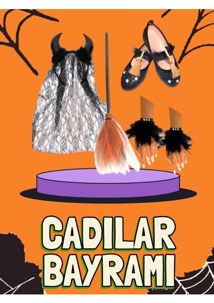 Kız Çocuk Cadılarr Bayramıı Halloween Işıklı Kostüm +Süpürge +Siyah Babet+Tüylü Eldiven+Boynuz Taç Seti fiyatları