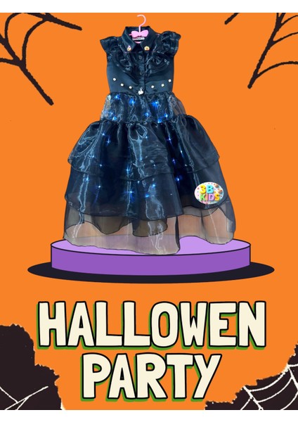 Kız Çocuk Cadılarr Bayramıı Halloween Işıklı Kostüm +Süpürge +Siyah Babet+Tüylü Eldiven+Boynuz Taç Seti modelleri