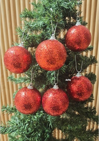 Yılbaşı Ağacı Süsleme 6 cm Kırmızı Simli Top 6'lı Kırmızı Parıltılı Karlı Küre Süs Renkli