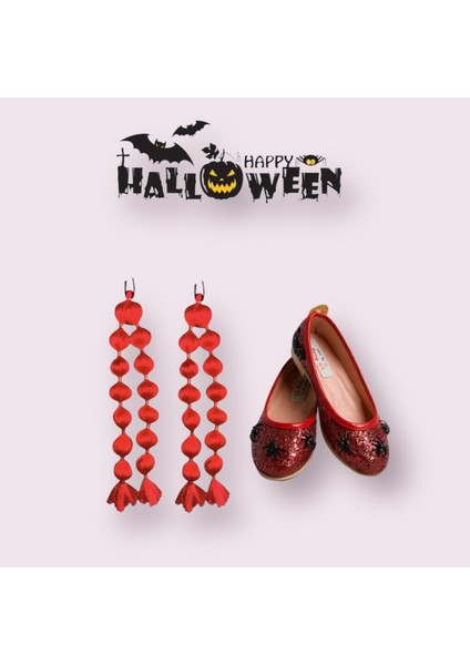Kız Çocuk Cadılar Bayramı Kırmızı Bubble Saç + Kırmızı Örümcekli Babet Halloween Cadılar Bayramı Parti Doğum Günü Set