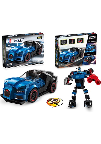 Çek Bırak Dönüşebilen 2in1 Blok Arabalar - Mavi 197 Parça