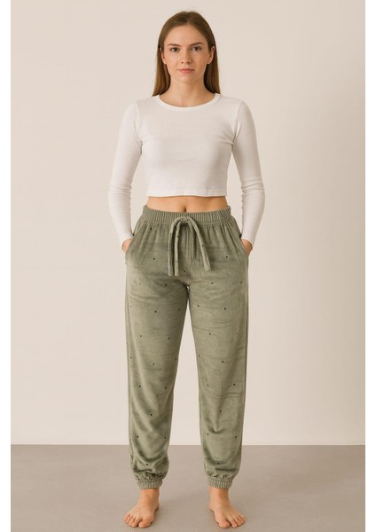 Kadın Cepli Paça Lastikli Kadife Tek Alt Yeşil