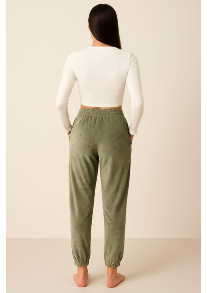 Kadın Cepli Paça Lastikli Kadife Tek Alt Yeşil fiyatları