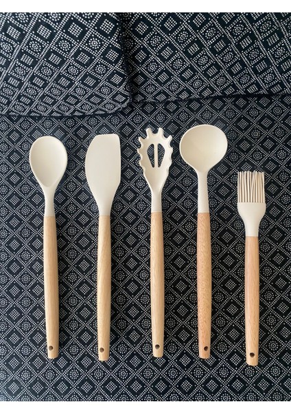 Bambusaplı Silikon Kepçe Kaşık Seti 5'li
