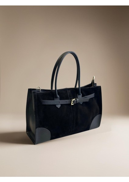 %100 Hakiki Süet Deri Fermuar Kapama ve Uzun Askı Detaylı Kadın El ve Omuz Çantası