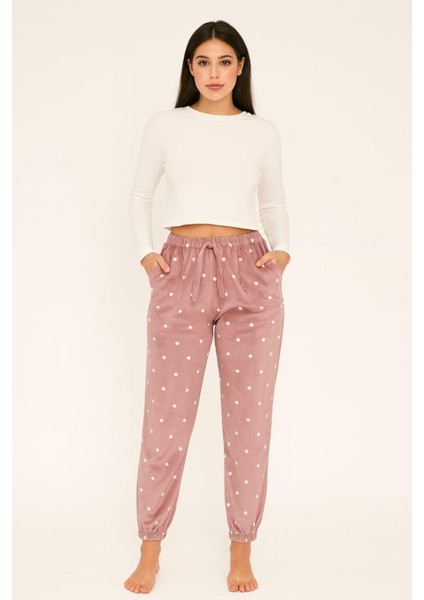 Kadın Cepli Puantiyeli Paça Lastlikli Kadife Tek Alt Gül Kurusu