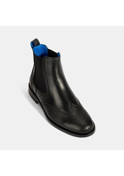Kadın Mavi Astar Detaylı Siyah Chelsea Deri Bot