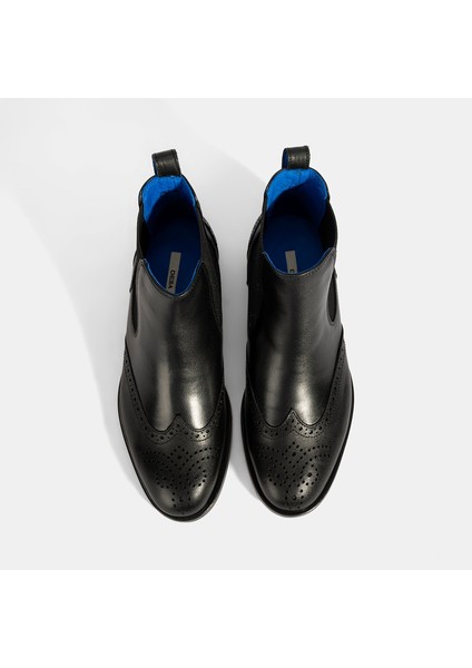 Kadın Mavi Astar Detaylı Siyah Chelsea Deri Bot