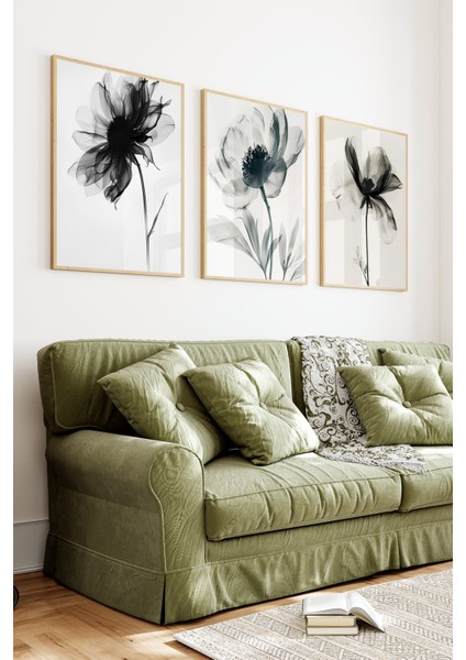 🖼️ Siyah Beyaz Şeffaf Çiçek Temalı 3’lü Çerçeveli Tablo Seti 🌿 CRV1111 23 x 32