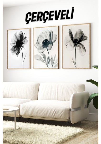 🖼️ Siyah Beyaz Şeffaf Çiçek Temalı 3’lü Çerçeveli Tablo Seti 🌿 CRV1111 23 x 32 indirimleri