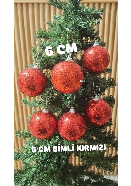 Yılbaşı Ağacı Süsleme 6 cm Kırmızı Simli Top 6'lı Kırmızı Parıltılı Karlı Küre Süs Renkli fiyatları