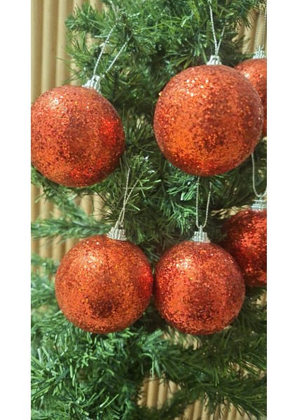 Yılbaşı Ağacı Süsleme 6 cm Kırmızı Simli Top 6'lı Kırmızı Parıltılı Karlı Küre Süs Renkli modelleri