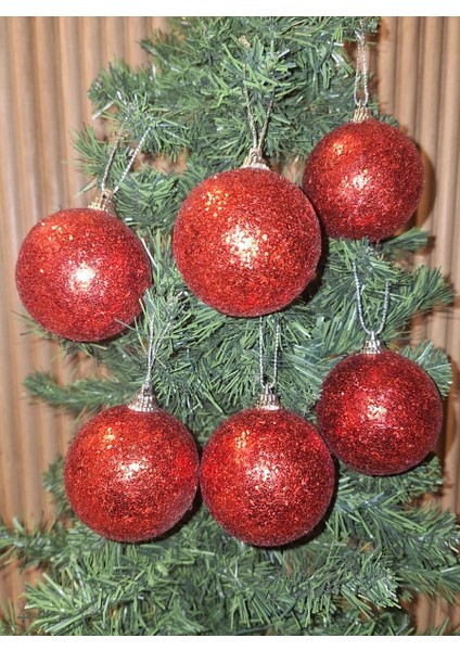 Yılbaşı Ağacı Süsleme 6 cm Kırmızı Simli Top 6'lı Kırmızı Parıltılı Karlı Küre Süs Renkli fırsatları