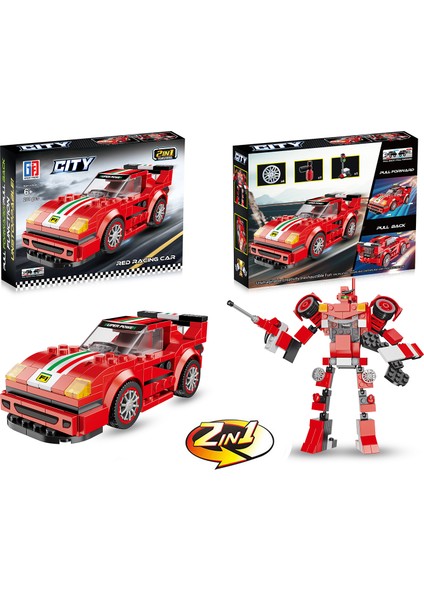 Çek Bırak Dönüşebilen 2in1 Blok Arabalar - Kırmızı 200 Parça