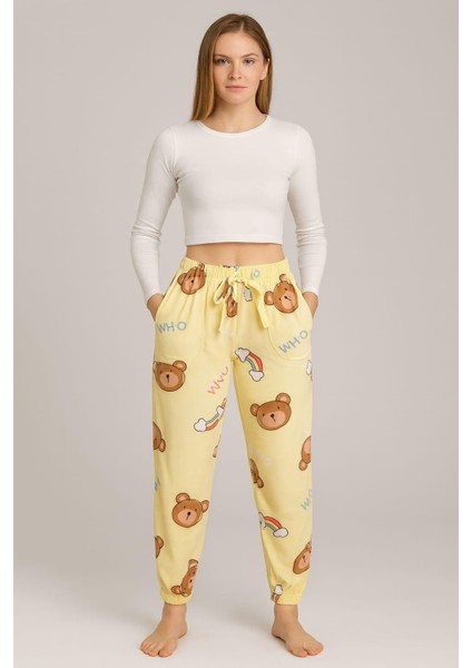 Kadın Cepli Paça Lastikli Kadife Tek Alt Sarı