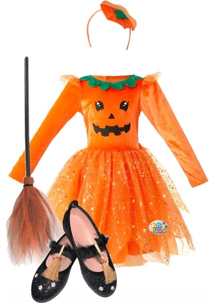 Kız Çocuk Cadılar Bayramı Halloween Turuncu Balkabaklı Kostümü Elbise +Taç + Süpürge + Siyah Babet