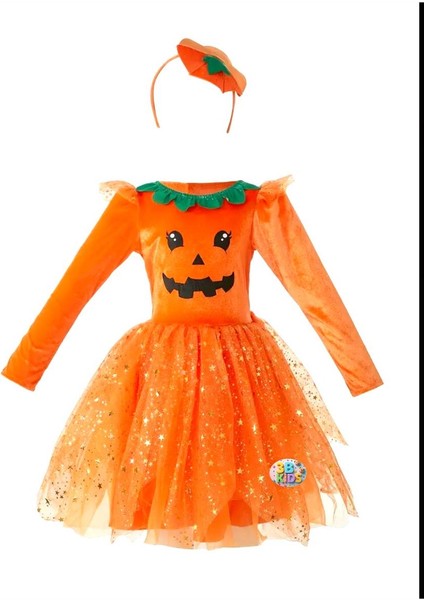 Kız Çocuk Cadılar Bayramı Halloween Turuncu Balkabaklı Kostümü Elbise +Taç + Süpürge + Siyah Babet indirimleri