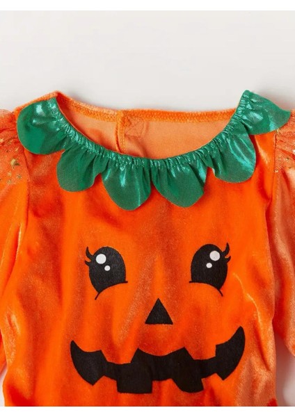 Kız Çocuk Cadılar Bayramı Halloween Turuncu Balkabaklı Kostümü Elbise +Taç + Süpürge + Siyah Babet