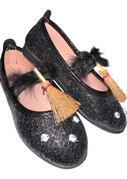 Kız Çocuk Cadılar Bayramı Halloween Turuncu Balkabaklı Kostümü Elbise +Taç + Süpürge + Siyah Babet