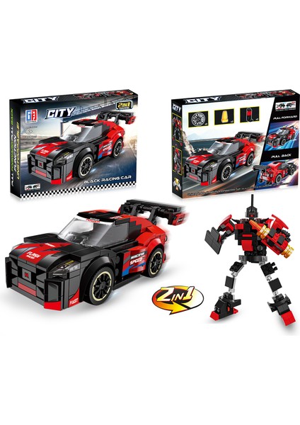 Çek Bırak Dönüşebilen 2in1 Blok Arabalar - Kırmızı Siyah 191 Parça