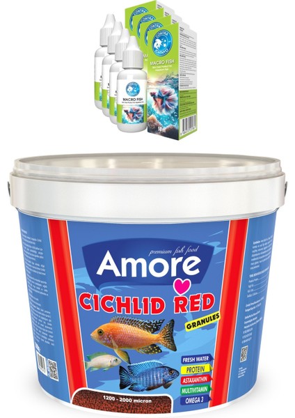 Cichlid Red Granül 3kg Discus Kova Balık Yemi 44-Protein, 4 Adet Macro Fish Benek Deri Losyonu