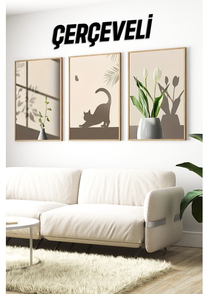 🌿 Gölge Efektli Bitki ve Kedi Silüeti Temalı Çerçeveli 3’lü Tablo Seti 🌿 CRV1096 23 x 32