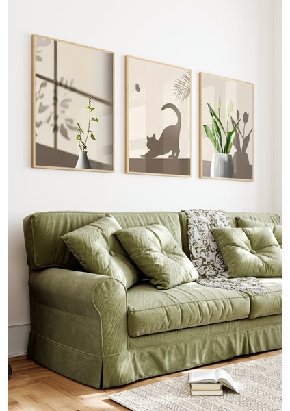 🌿 Gölge Efektli Bitki ve Kedi Silüeti Temalı Çerçeveli 3’lü Tablo Seti 🌿 CRV1096 23 x 32 fiyatları