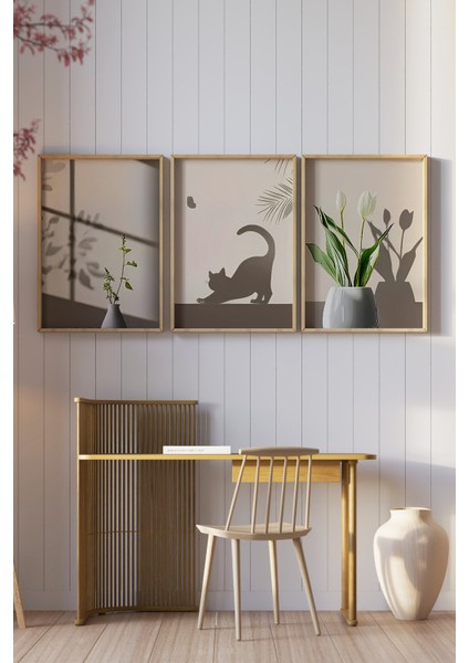🌿 Gölge Efektli Bitki ve Kedi Silüeti Temalı Çerçeveli 3’lü Tablo Seti 🌿 CRV1096 23 x 32 modelleri