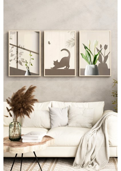 🌿 Gölge Efektli Bitki ve Kedi Silüeti Temalı Çerçeveli 3’lü Tablo Seti 🌿 CRV1096 23 x 32 indirimleri