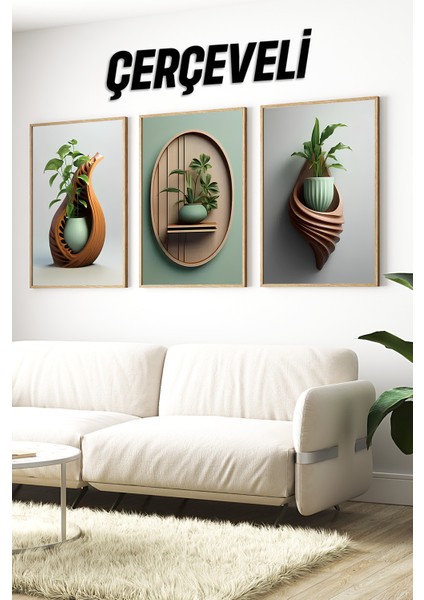 🌿 Modern Bitki Vazoları Temalı 3’lü Çerçeveli Tablo Seti🌿 CRV1094 23 x 32