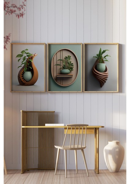 🌿 Modern Bitki Vazoları Temalı 3’lü Çerçeveli Tablo Seti🌿 CRV1094 23 x 32 modelleri