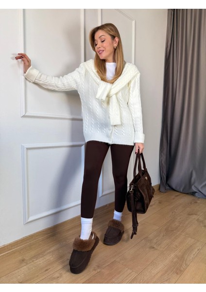 Ekru Atkılı Saç Örgüsü Hırka fırsatları