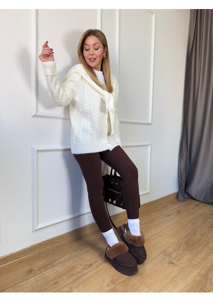 Ekru Atkılı Saç Örgüsü Hırka