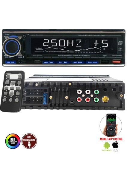 FX-X728DSP Oto Teyp 4X60 Watt Bluetooth Mobil Aplikasyon USB Fm Aux 7 Renk Ekranlı