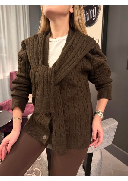 Kahve Atkılı Saç Örgüsü Hırka fırsatları