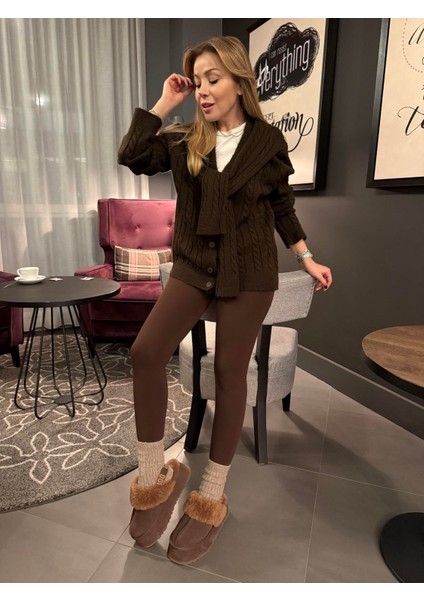 Kahve Atkılı Saç Örgüsü Hırka indirimleri