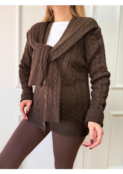 Kahve Atkılı Saç Örgüsü Hırka