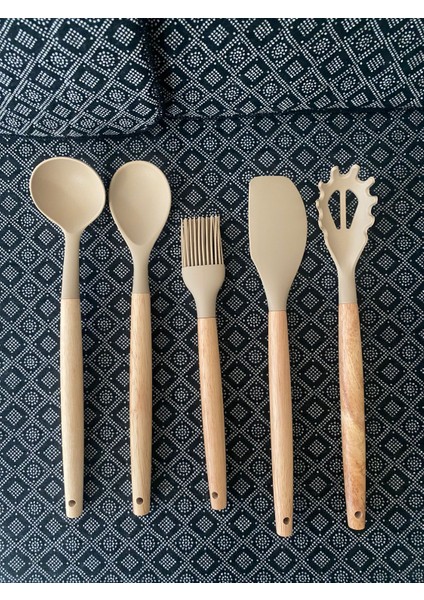 Bambu Saplı Silikon Kepçe Kaşık Seti 5'li