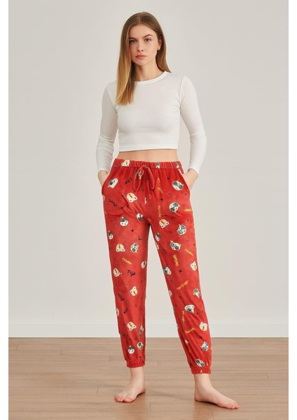 Kadın Cepli Paça Lastlikli Kadife Tek Alt Mercan