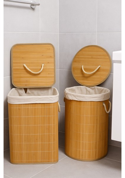Orjinal Bambu Portatif Taşınabilir Çamaşır Kirli Sepeti 2 Li Set Ebeveyn , Çocuk